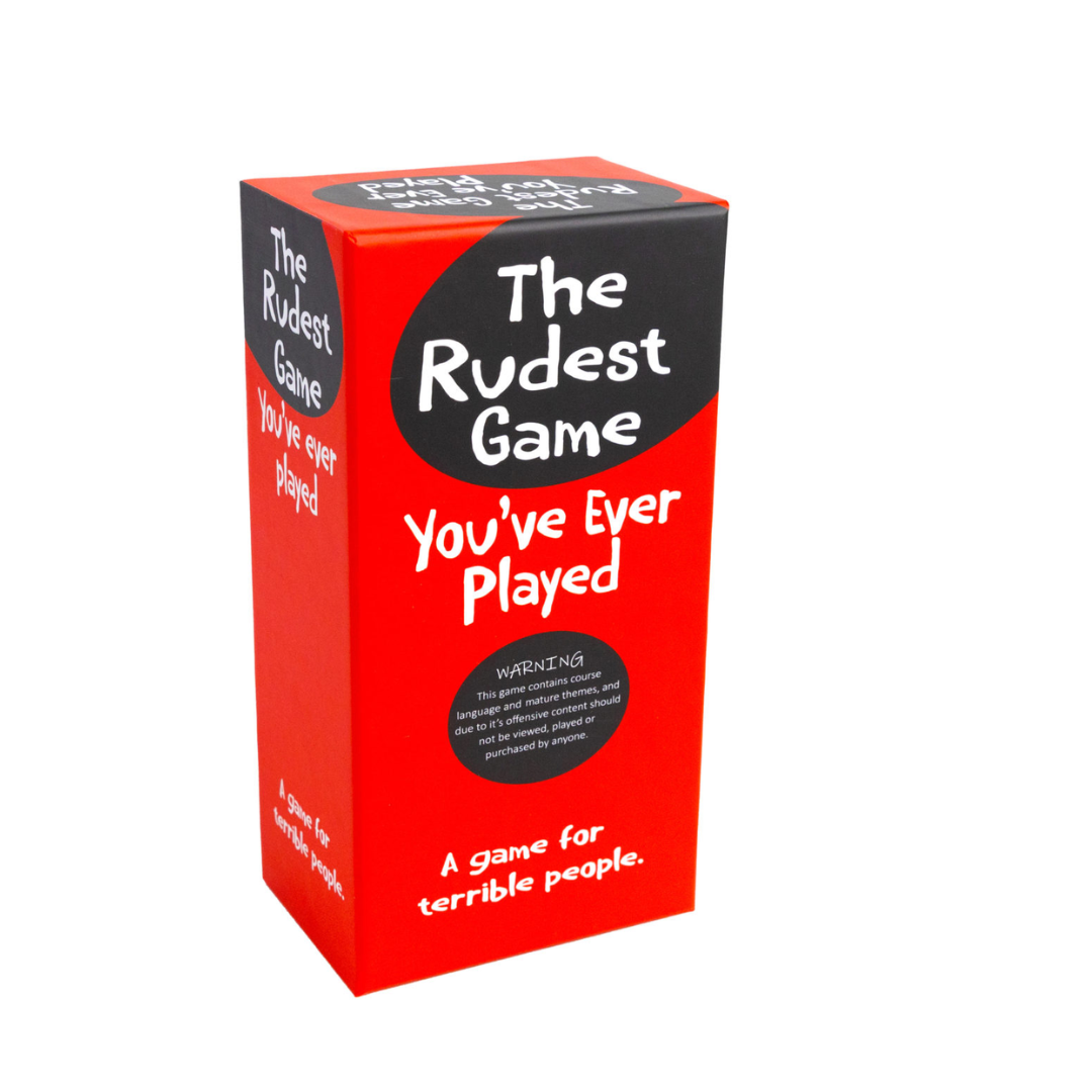 A red and black box for "The Rudest Game You've Ever Played" stands upright on a white background