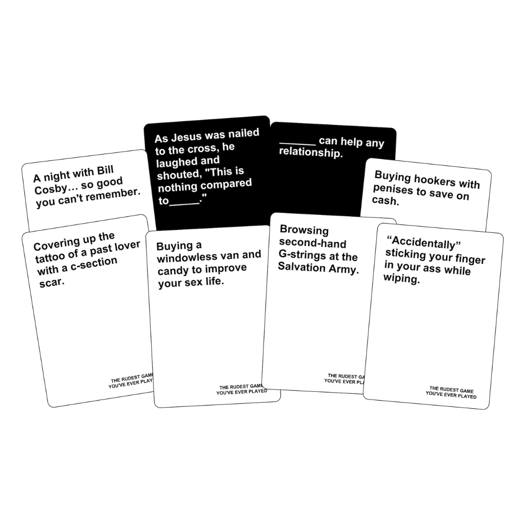 White and black game cards from &quot;The Rudest Game You&#39;ve Ever Played&quot; are spread out, showing humorous and offensive text