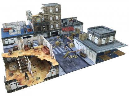 Tabletop wargame terrain: A damaged urban city with armed miniatures engaged in combat on streets and inside buildings.