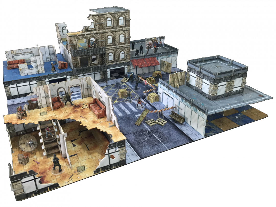 Tabletop wargame terrain: A damaged urban city with armed miniatures engaged in combat on streets and inside buildings.