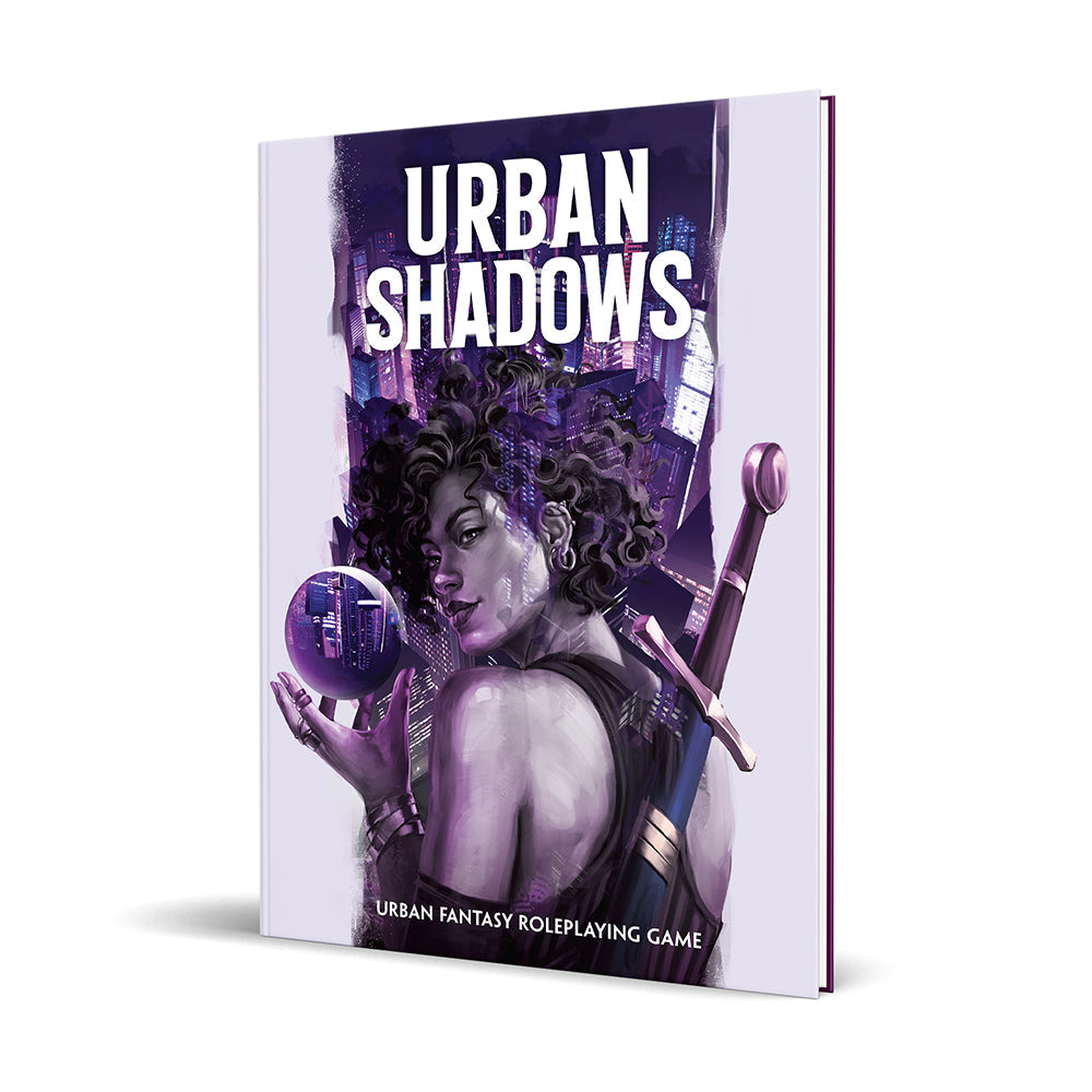 Urban Shadows RPG book cover: A woman with a sword holds a glowing orb reflecting a city skyline.