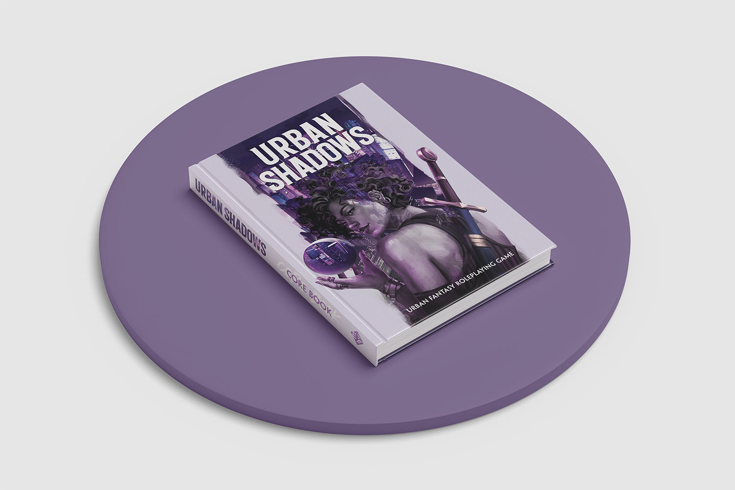 Urban Shadows RPG Core Book, with a woman holding an orb and sword on its cover, rests on a purple stand.