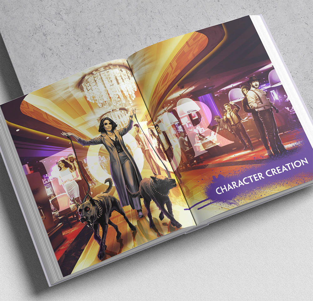 Colourful character concept art in an open book: a woman walking two large dogs, other people, and 'CHARACTER CREATION' text.