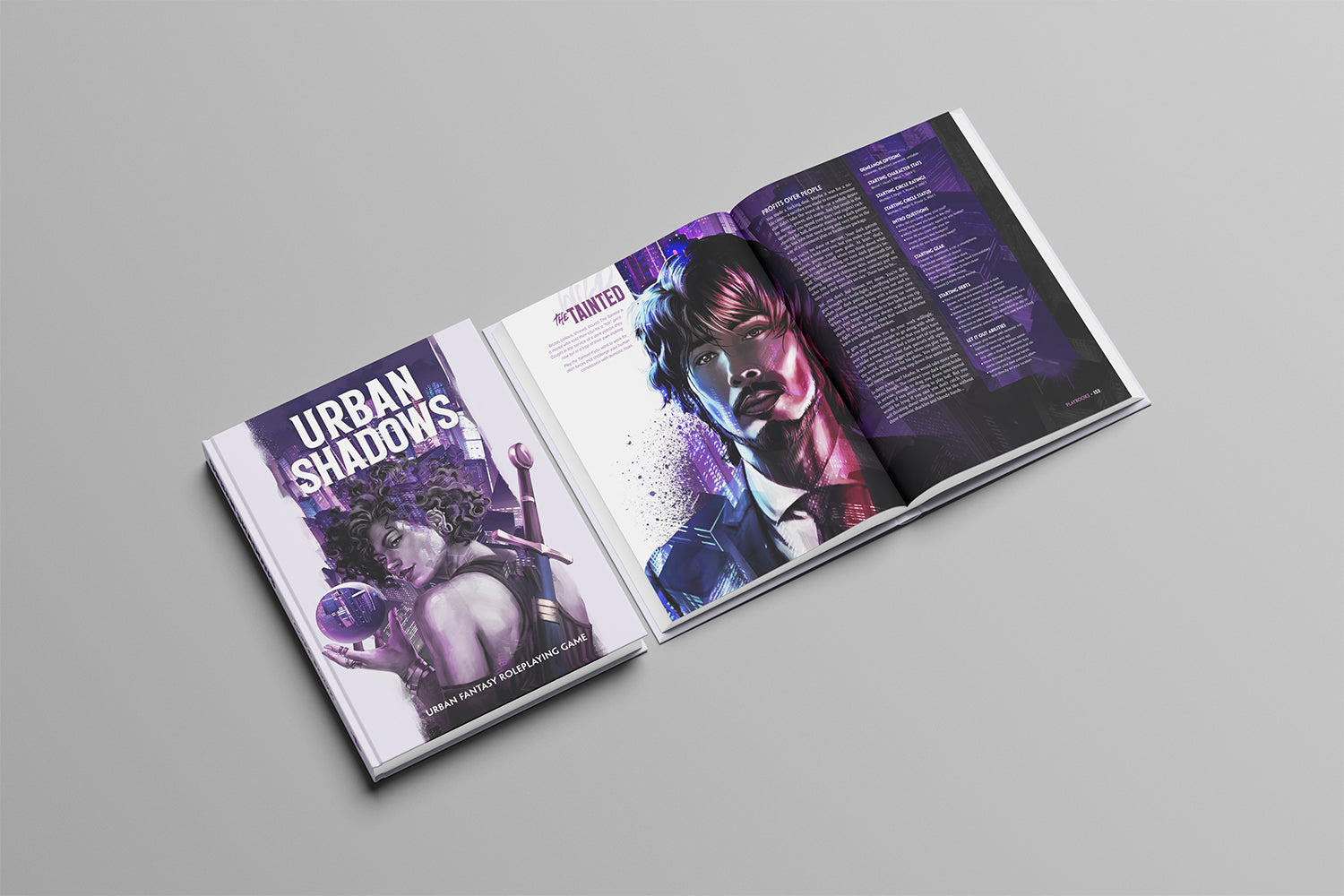 A book titled "Urban Shadows: Urban Fantasy Roleplaying Game" (closed) and its open pages showing stylized purple character art.