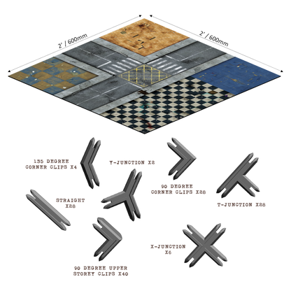 Modular tabletop game board tiles with urban/industrial textures and various connecting clips for assembly.