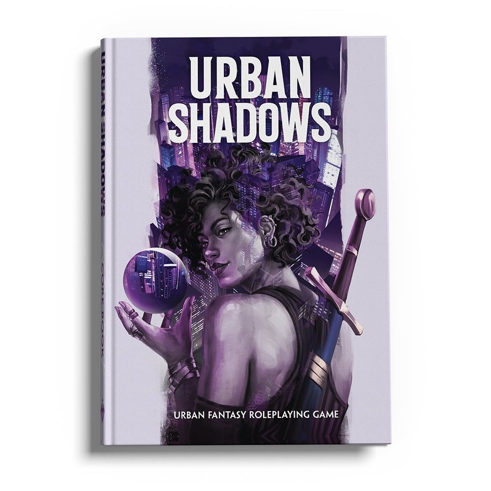 Urban Shadows book cover: A woman with curly hair holds a glowing city orb, sword on her back, against a dark city skyline