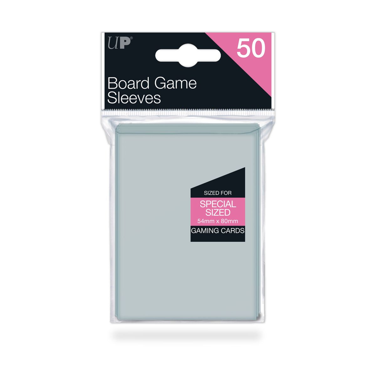 A clear plastic pack of 50 UP Board Game Sleeves, special sized 54x80mm for gaming cards