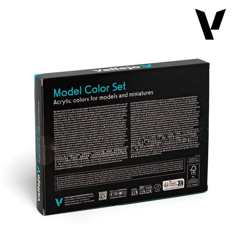 Black Vallejo Model Colour Set box for acrylic paints for models and miniatures, on a white background.
