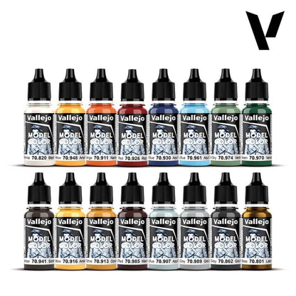 Sixteen colourful Vallejo Model Colour paint bottles are neatly arranged in two rows on a white background.
