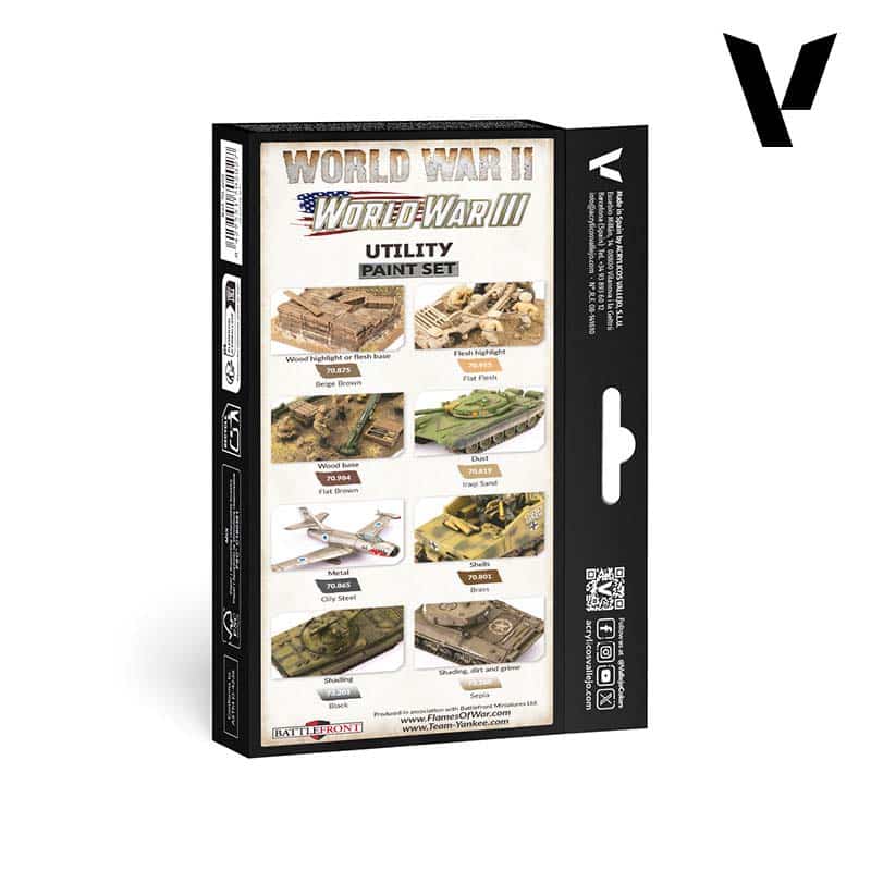 Vallejo World War II/III Utility Paint Set box with examples of painted miniature tanks, planes, and terrain.