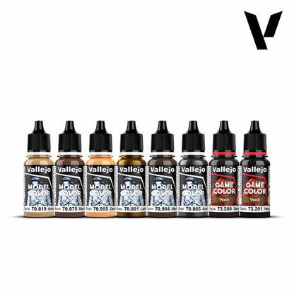 Eight Vallejo Model Colour and Game Colour paint bottles, including washes, lined up.