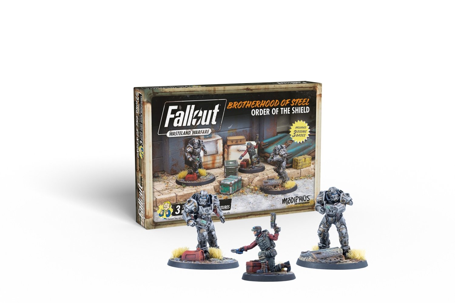 Fallout: Wasteland Warfare box with three Brotherhood of Steel miniatures: two in power armor, one kneeling and armed