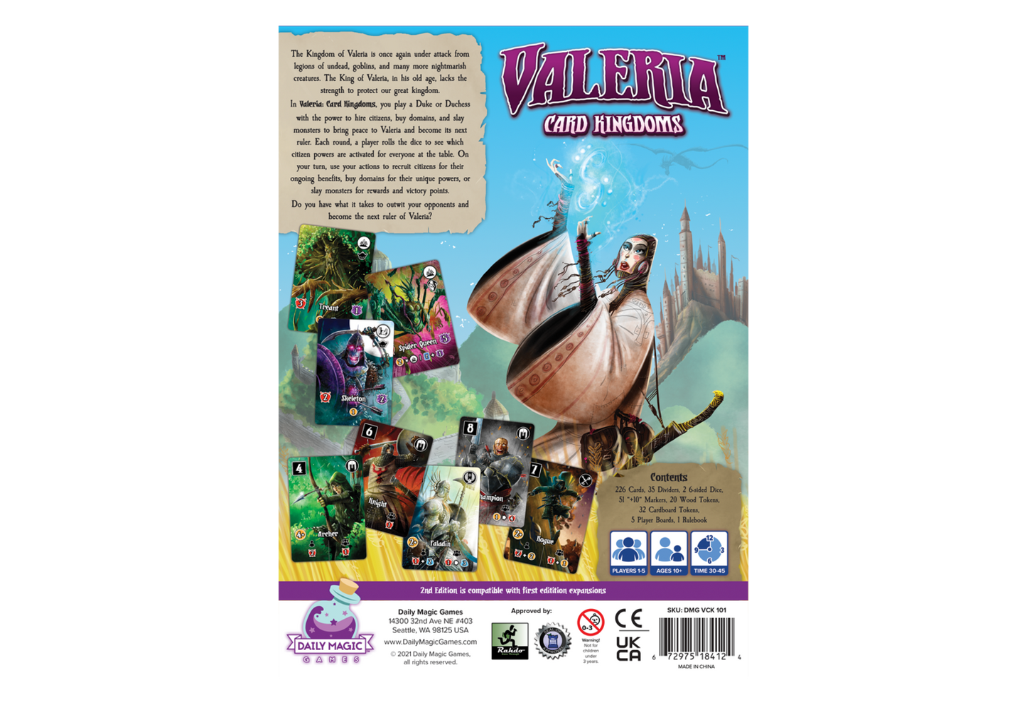 Back of "Valeria Card Kingdoms" game box. A woman with a bow casts blue magic, surrounded by fantasy character cards
