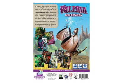 Back of "Valeria Card Kingdoms" game box. A woman with a bow casts blue magic, surrounded by fantasy character cards