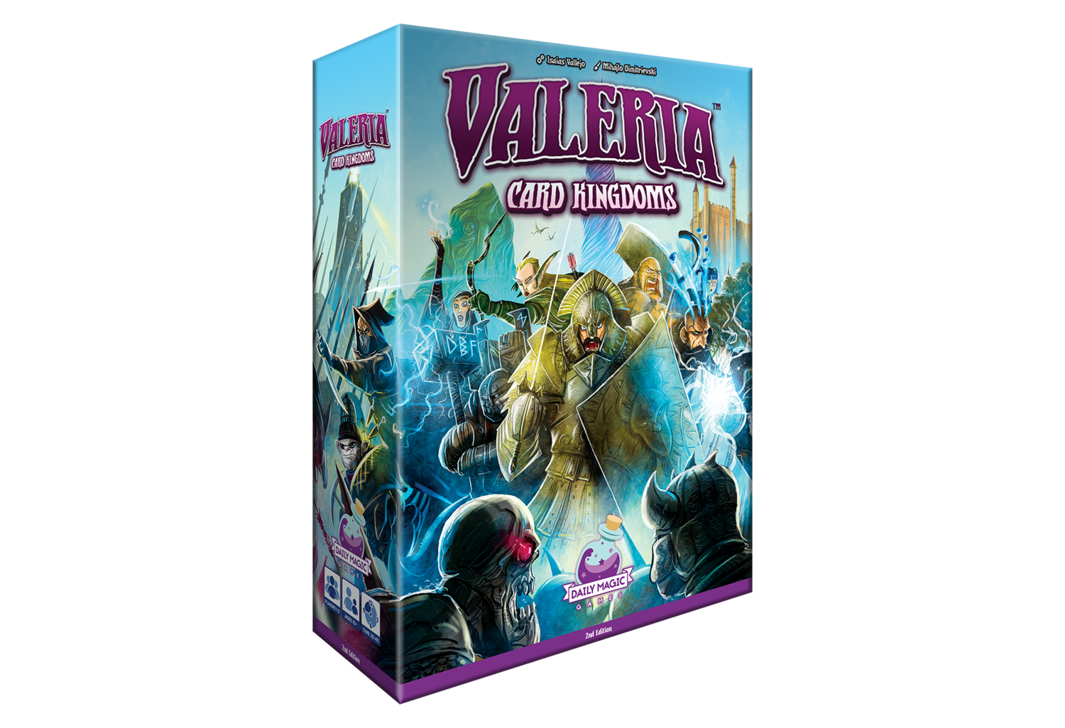 Valeria: Card Kingdoms board game box. Fantasy heroes and monsters battle with glowing magic effects