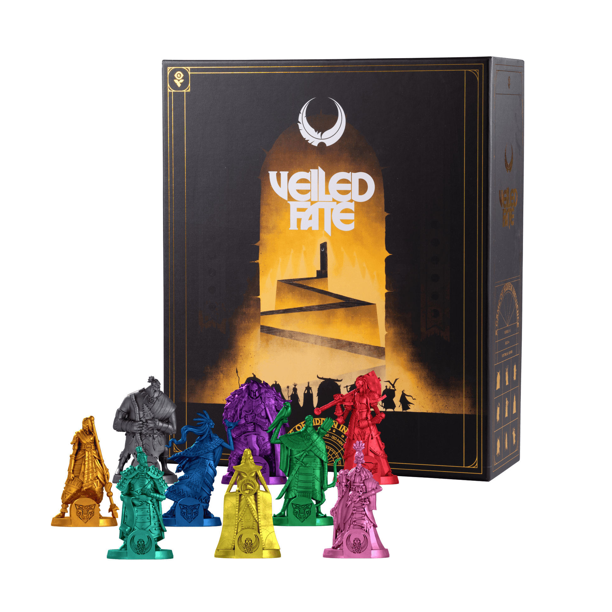 Nine colourful, detailed miniatures in front of the Veiled Fate board game box