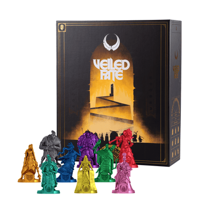 Nine colourful, detailed miniatures in front of the Veiled Fate board game box