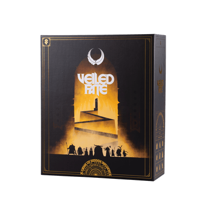Veiled Fate board game box. Black and gold design with cover art showing silhouettes below a bright, winding staircase