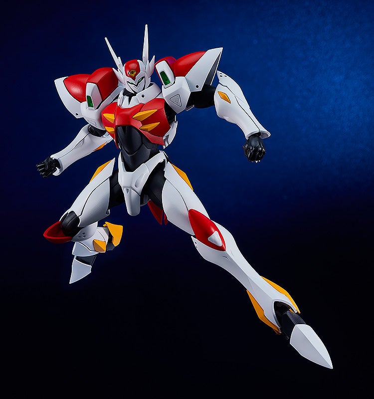 Anime mecha figure, white, red, and yellow, posed dynamically against a blue background