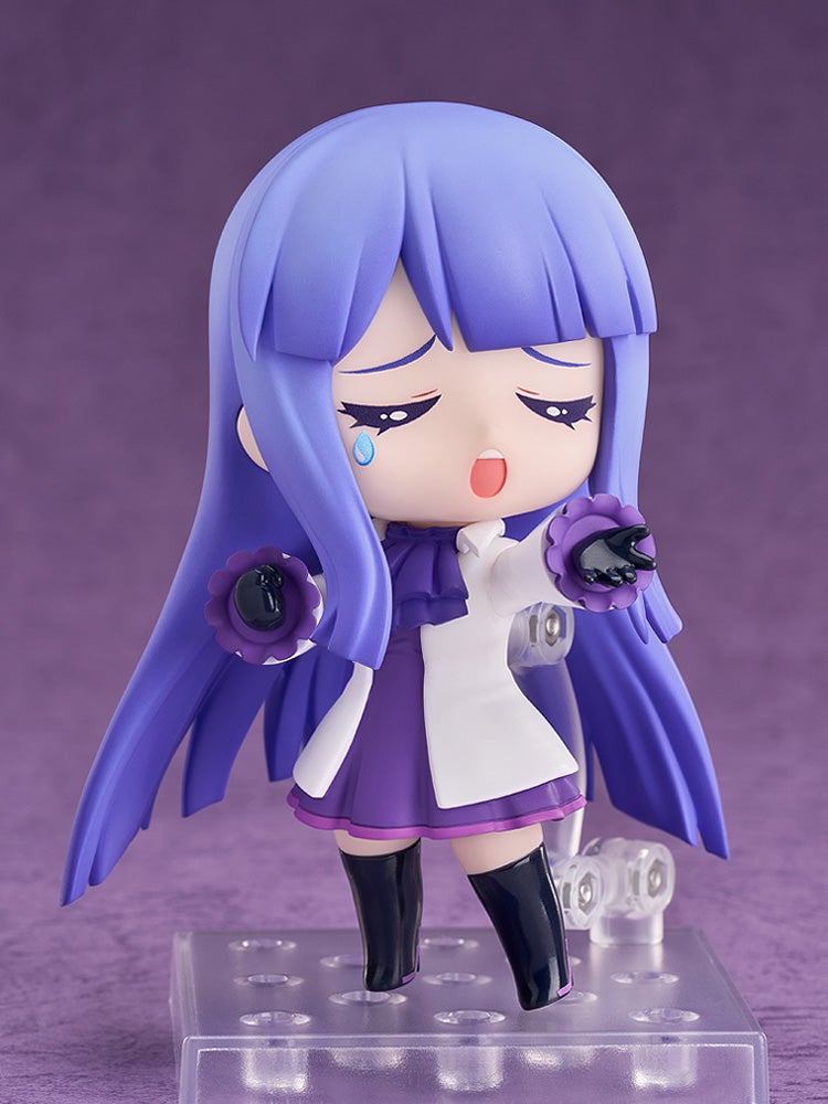 Nendoroid figure of Rika Furude from Higurashi When They Cry posed crying with arms outstretched wearing a purple dress and white coat