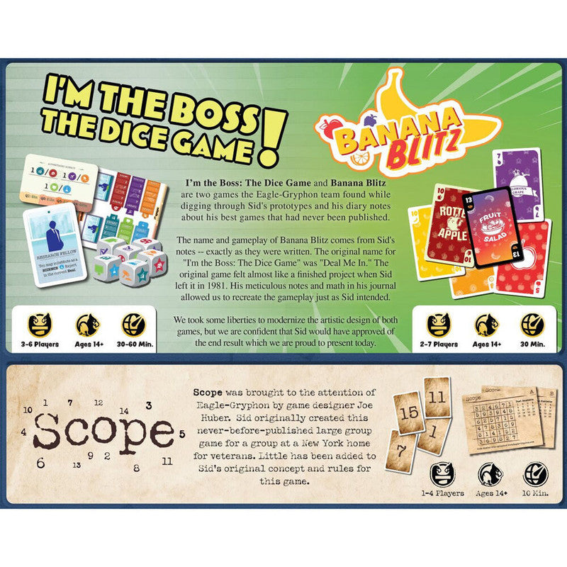 Tabletop games I'm the Boss Banana Blitz and Scope with rules and components displayed