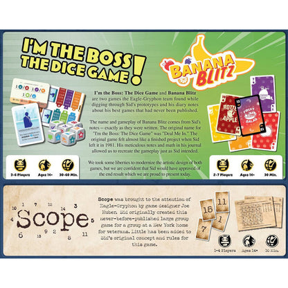 Tabletop games I'm the Boss Banana Blitz and Scope with rules and components displayed