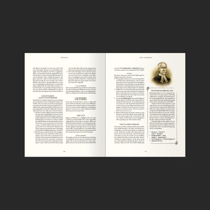 An open book shows an RPG adventure spread, the right page features a portrait of a stern, older man, Reverend Bruselius