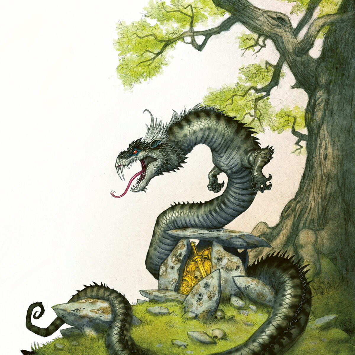 A menacing dark dragon with red eyes coils around a stone dolmen, guarding a golden sword under a tree