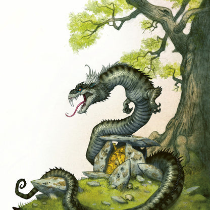 A menacing dark dragon with red eyes coils around a stone dolmen, guarding a golden sword under a tree
