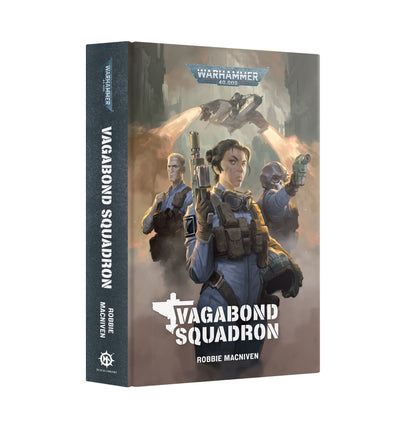 Warhammer 40K Vagabond Squadron book cover: A female trooper and squad stand armed as a dropship launches behind them