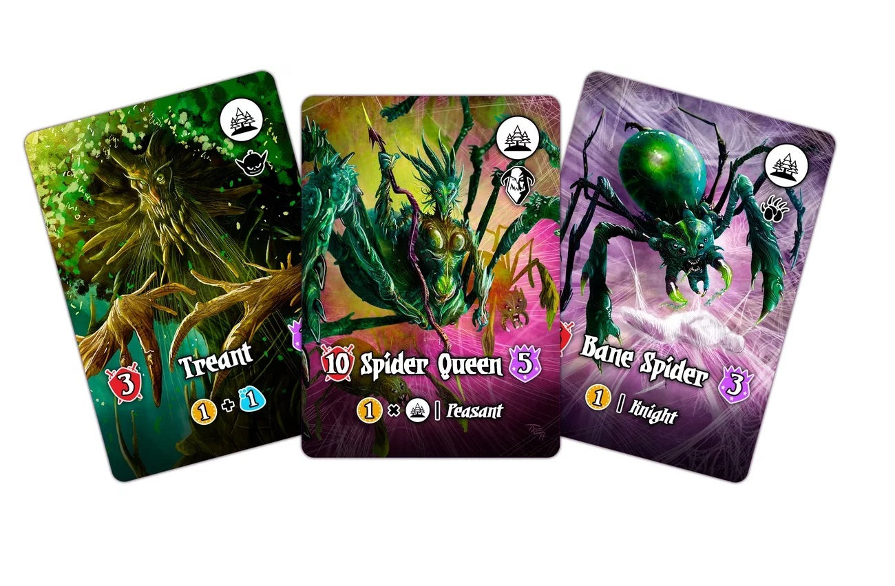 Three fantasy game cards: a green Treant, a Spider Queen, and a Bane Spider, fanned diagonally