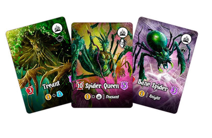 Three fantasy game cards: a green Treant, a Spider Queen, and a Bane Spider, fanned diagonally