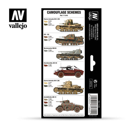 Vallejo Camouflage Schemes guide showing six Italian military vehicles with recommended paint colors