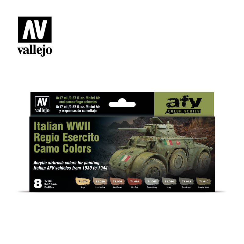 Vallejo Italian WWII camo paint set for model vehicles, showing an armored car and 8 colors