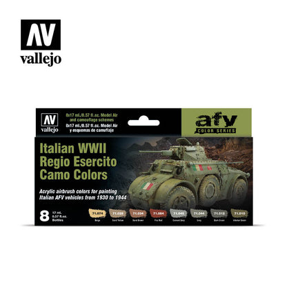 Vallejo Italian WWII camo paint set for model vehicles, showing an armored car and 8 colors