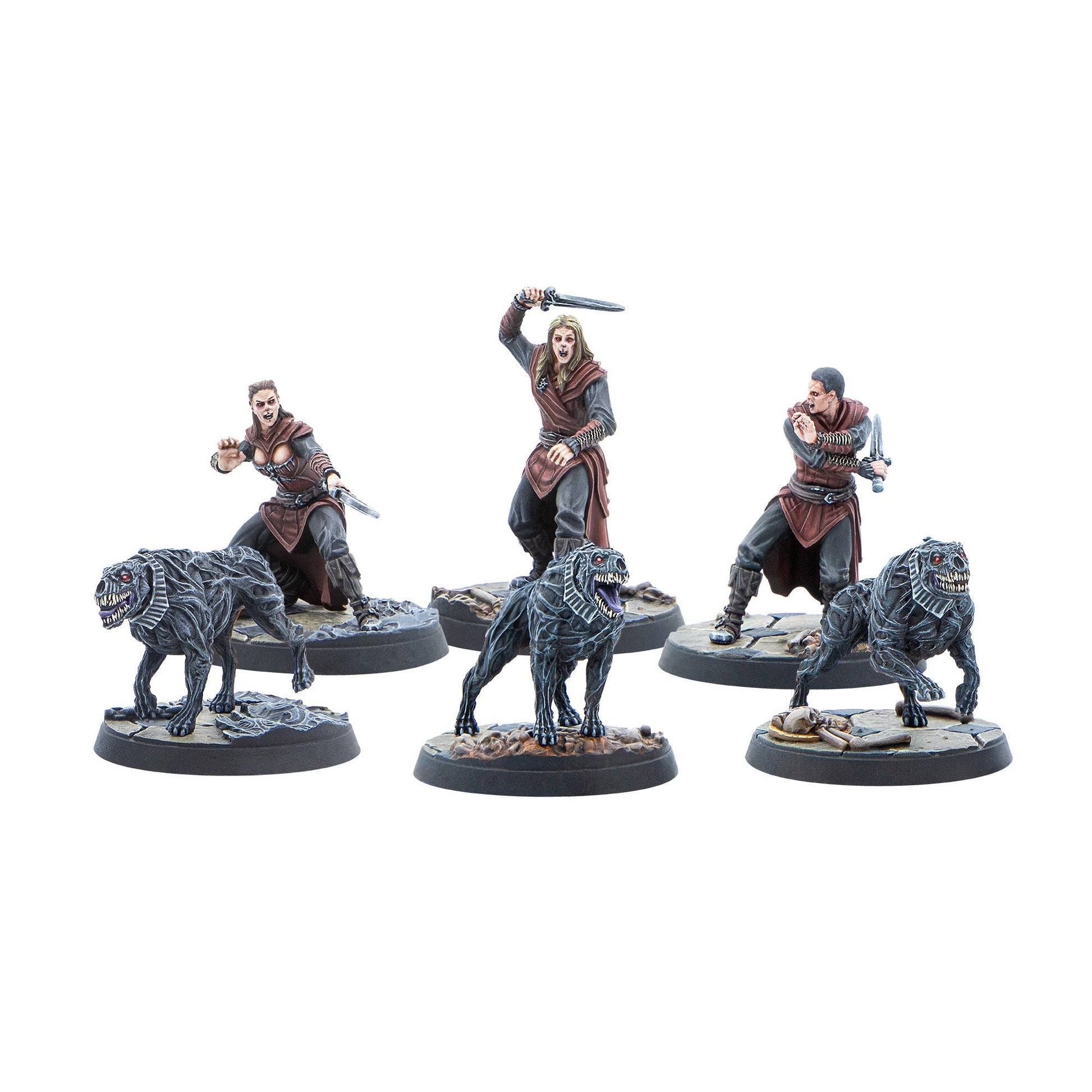 Three fantasy warrior miniatures in dark attire with swords, each accompanied by a monstrous, emaciated hound with glowing red eyes