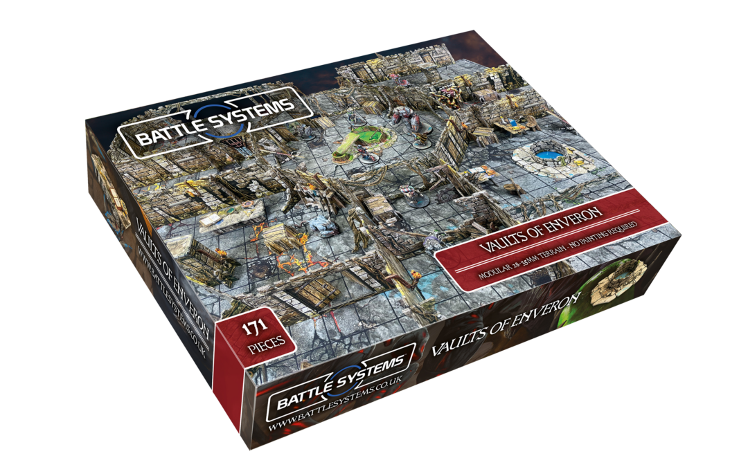 Battle Systems Vaults of Enveron core set showing a modular 28-35mm terrain board with dungeon walls ruins and fantasy miniatures