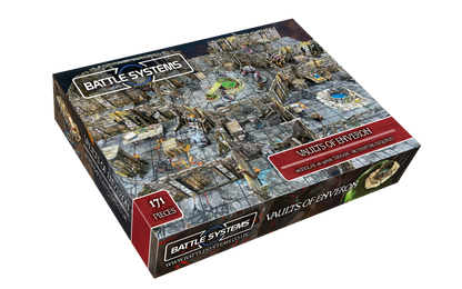 Battle Systems Vaults of Enveron core set showing a modular 28-35mm terrain board with dungeon walls ruins and fantasy miniatures