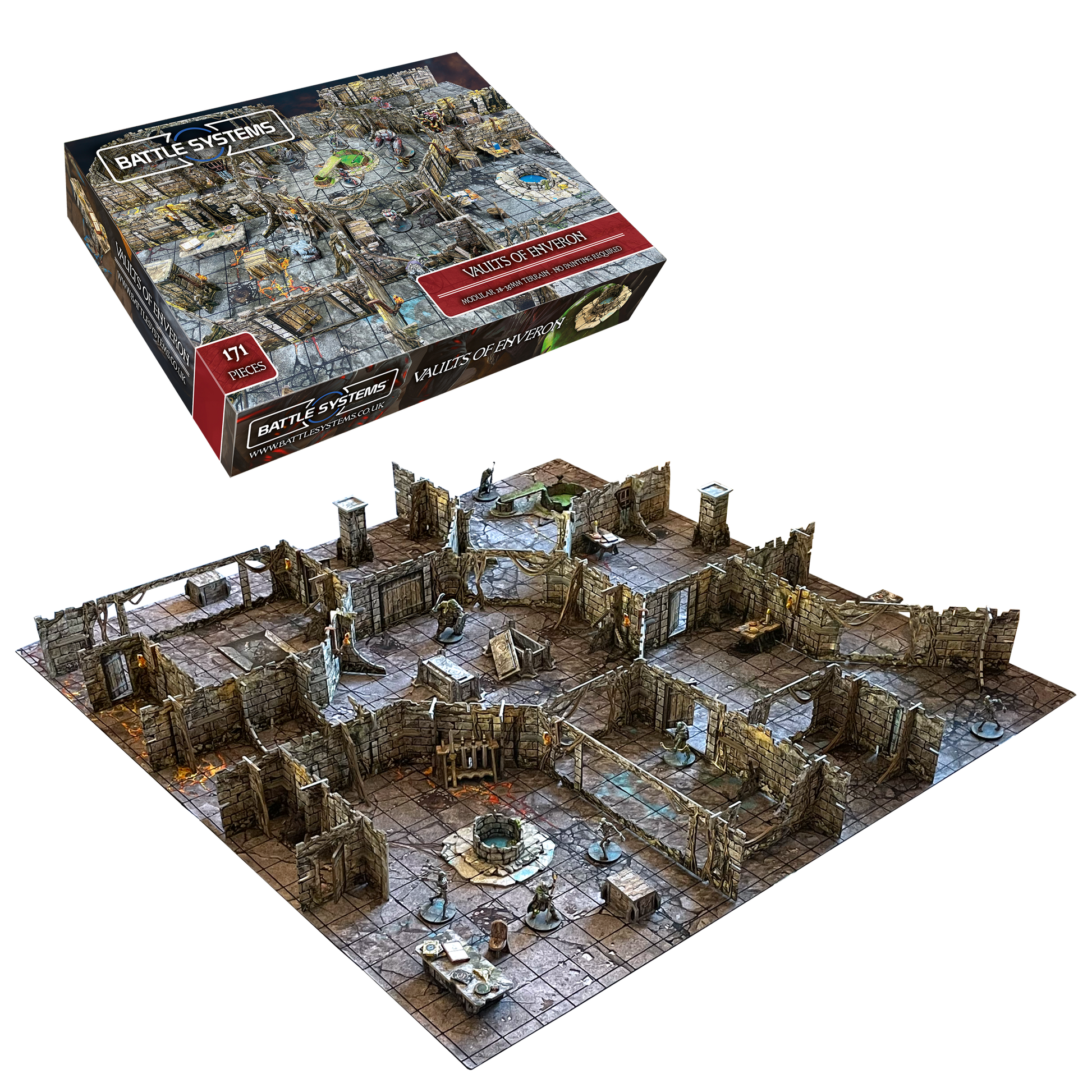 Battle Systems Vaults of Enveron core set box and modular 28-35mm fantasy dungeon terrain pieces depicting ancient stone walls and a well
