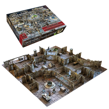 Battle Systems Vaults of Enveron core set box and modular 28-35mm fantasy dungeon terrain pieces depicting ancient stone walls and a well