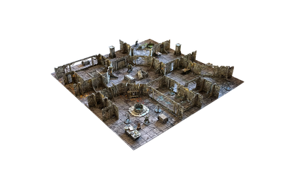 Battle Systems Vaults of Enveron Core Set featuring modular dungeon terrain pieces like crumbling stone walls various doorways and an ancient well