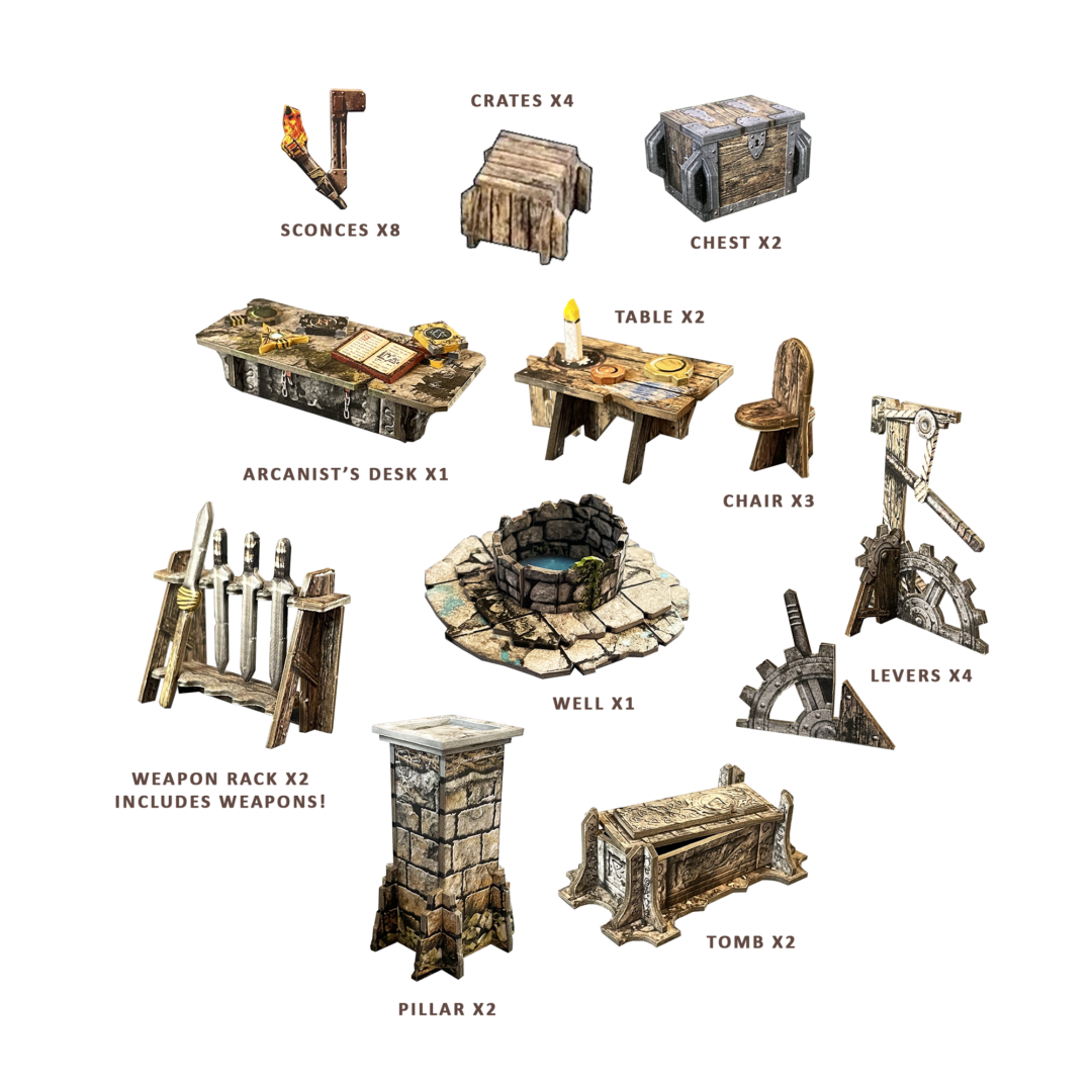 Battle Systems Vaults of Enveron Core Set with dungeon terrain sconces crates chests arcanist's desk table chair well levers weapon rack pillar and tomb game pieces