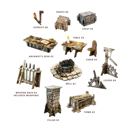 Battle Systems Vaults of Enveron Core Set with dungeon terrain sconces crates chests arcanist's desk table chair well levers weapon rack pillar and tomb game pieces