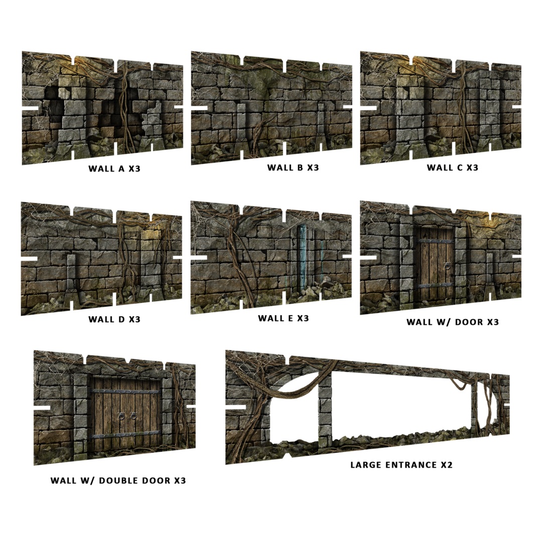 Modular Battle Systems Vaults of Enveron terrain set featuring various stone dungeon walls including solid sections a broken wall an open archway and wooden doors