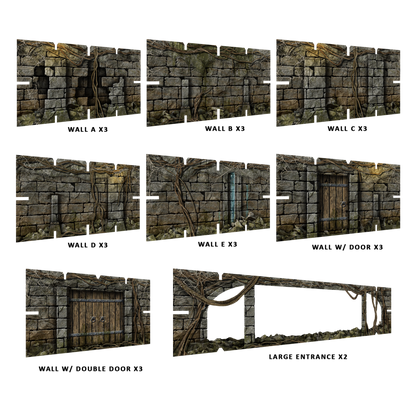 Modular Battle Systems Vaults of Enveron terrain set featuring various stone dungeon walls including solid sections a broken wall an open archway and wooden doors