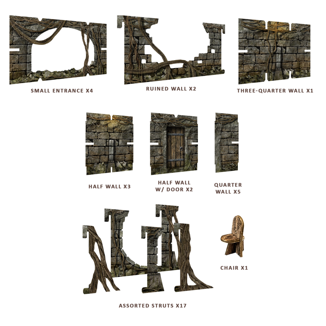 Battle Systems Vaults of Enveron Core Set terrain featuring various stone walls with natural roots including small entrances ruined sections half walls with and without doors quarter walls