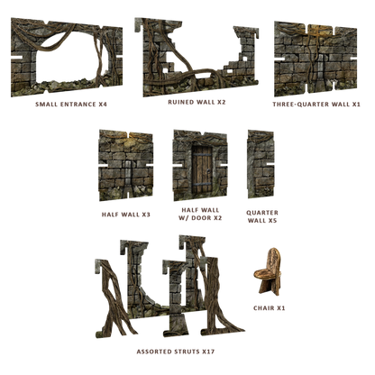 Battle Systems Vaults of Enveron Core Set terrain featuring various stone walls with natural roots including small entrances ruined sections half walls with and without doors quarter walls