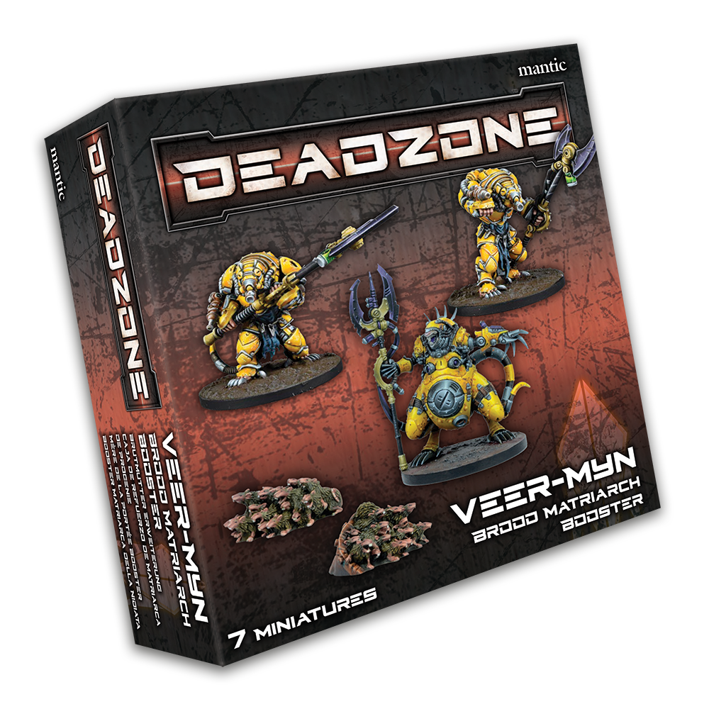 Deadzone Veer-Myn Brood Matriarch Booster box with 7 yellow sci-fi creature miniatures shown