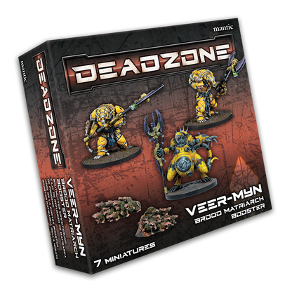 Deadzone Veer-Myn Brood Matriarch Booster box with 7 yellow sci-fi creature miniatures shown