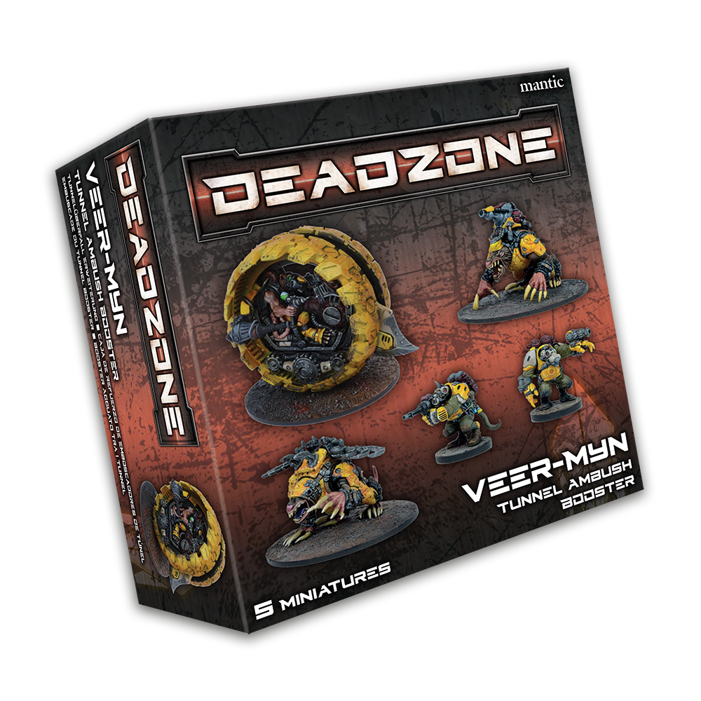 Deadzone Veer-Myn Tunnel Ambush Booster box displays 5 rat-like miniatures, one in a large yellow wheeled vehicle